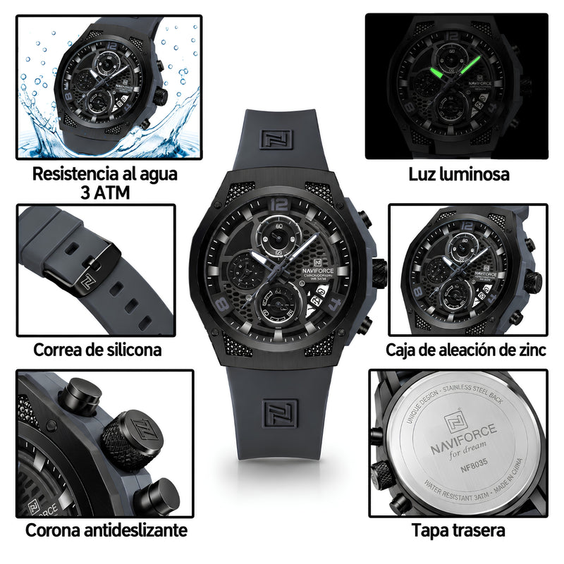 Naviforce Reloj Cronógrafo Negro con Detalles Grises, Correa de Silicona, Diámetro de 44 mm, Cristal Mineral Endurecido y Resistencia al Agua 3 ATM.