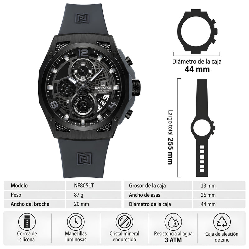 Naviforce Reloj Cronógrafo Negro con Detalles Grises, Correa de Silicona, Diámetro de 44 mm, Cristal Mineral Endurecido y Resistencia al Agua 3 ATM.