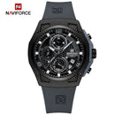 Naviforce Reloj Cronógrafo Negro con Detalles Grises, Correa de Silicona, Diámetro de 44 mm, Cristal Mineral Endurecido y Resistencia al Agua 3 ATM.