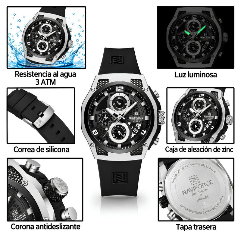 Naviforce Reloj Cronógrafo Negro con Detalles Plateados, Correa de Silicona, Diámetro de 44 mm, Cristal Mineral Endurecido y Resistencia al Agua 3 ATM.