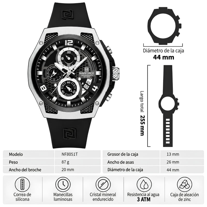 Naviforce Reloj Cronógrafo Negro con Detalles Plateados, Correa de Silicona, Diámetro de 44 mm, Cristal Mineral Endurecido y Resistencia al Agua 3 ATM.