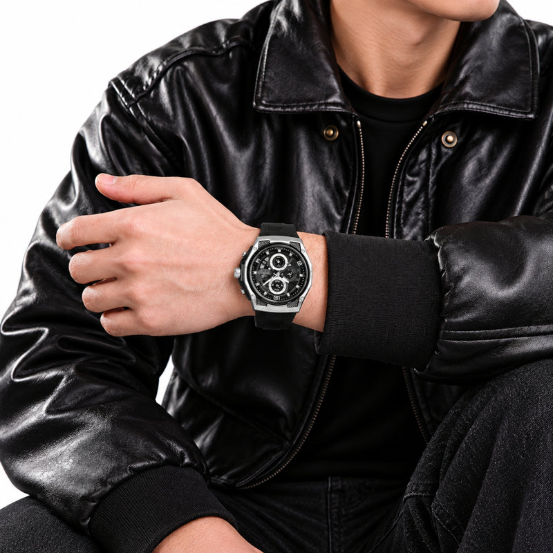 Naviforce Reloj Cronógrafo Negro con Detalles Plateados, Correa de Silicona, Diámetro de 44 mm, Cristal Mineral Endurecido y Resistencia al Agua 3 ATM.