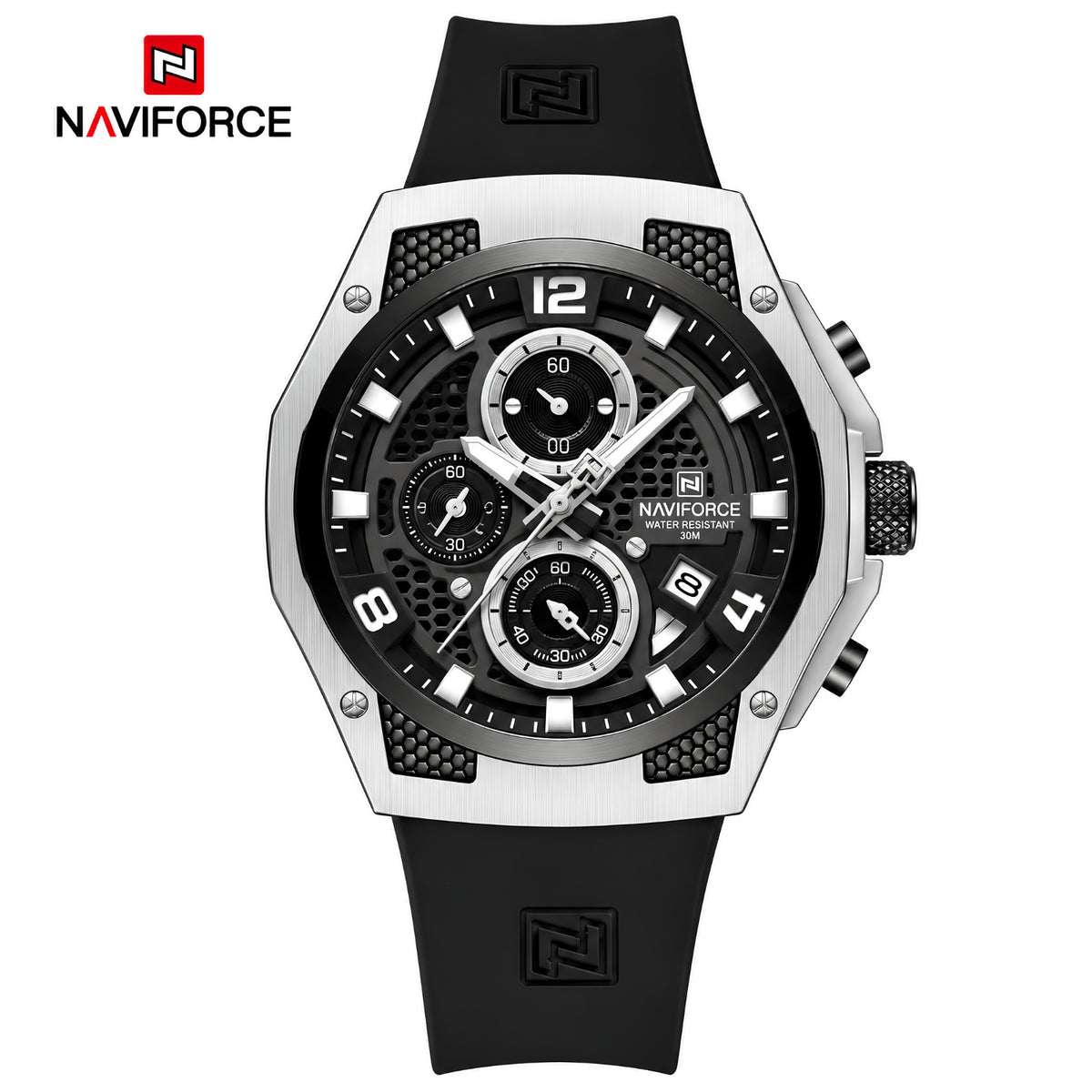 Naviforce Reloj Cronógrafo Negro con Detalles Plateados, Correa de Silicona, Diámetro de 44 mm, Cristal Mineral Endurecido y Resistencia al Agua 3 ATM.