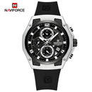 Naviforce Reloj Cronógrafo Negro con Detalles Plateados, Correa de Silicona, Diámetro de 44 mm, Cristal Mineral Endurecido y Resistencia al Agua 3 ATM.