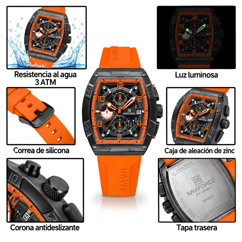 Naviforce Reloj Cronógrafo Naranja con Detalles Negros, Correa de Silicona, Diámetro de 44 mm, Cristal Mineral Endurecido y Resistencia al Agua 3 ATM.