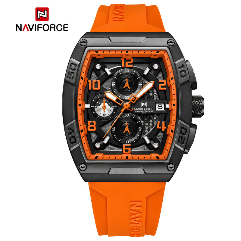 Naviforce Reloj Cronógrafo Naranja con Detalles Negros, Correa de Silicona, Diámetro de 44 mm, Cristal Mineral Endurecido y Resistencia al Agua 3 ATM.