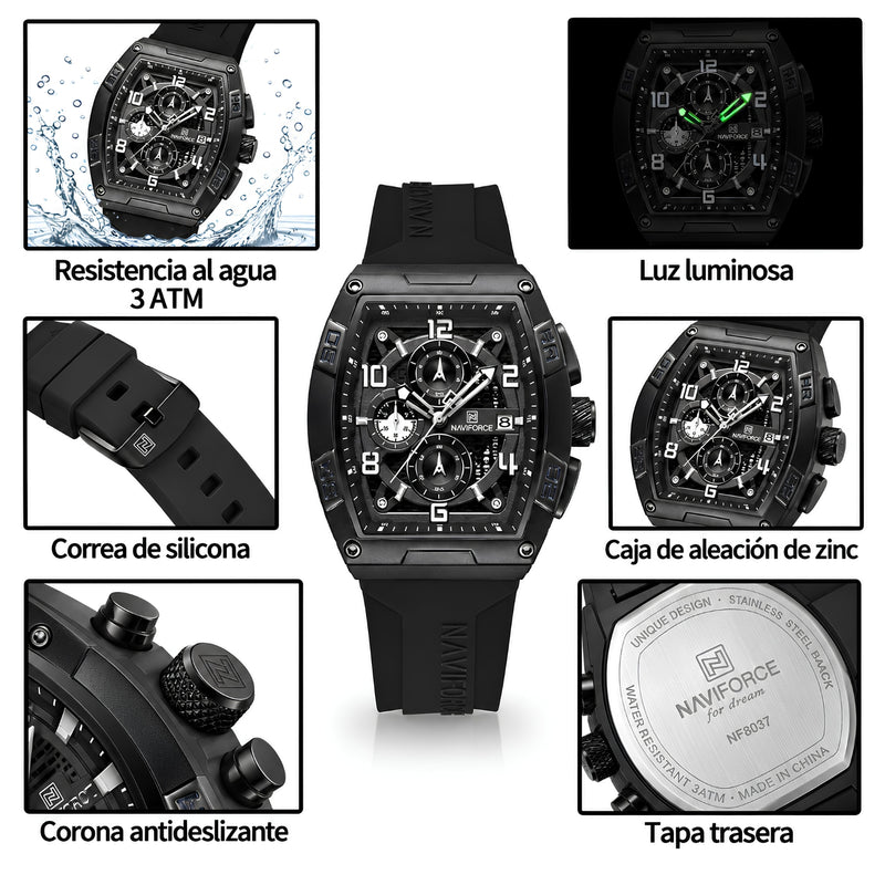 Naviforce Reloj Cronógrafo Blanco con Detalles Negros, Correa de Silicona, Diámetro de 44 mm, Cristal Mineral Endurecido y Resistencia al Agua 3 ATM.