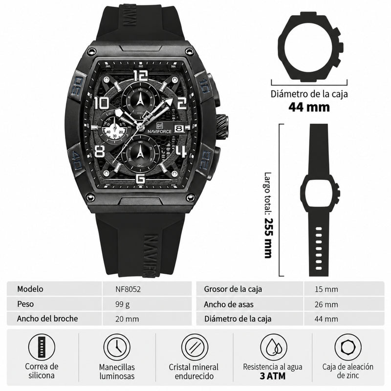 Naviforce Reloj Cronógrafo Blanco con Detalles Negros, Correa de Silicona, Diámetro de 44 mm, Cristal Mineral Endurecido y Resistencia al Agua 3 ATM.