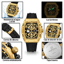Naviforce Reloj Cronógrafo Dorado con Detalles Negros, Correa de Silicona, Diámetro de 44 mm, Cristal Mineral Endurecido y Resistencia al Agua 3 ATM.