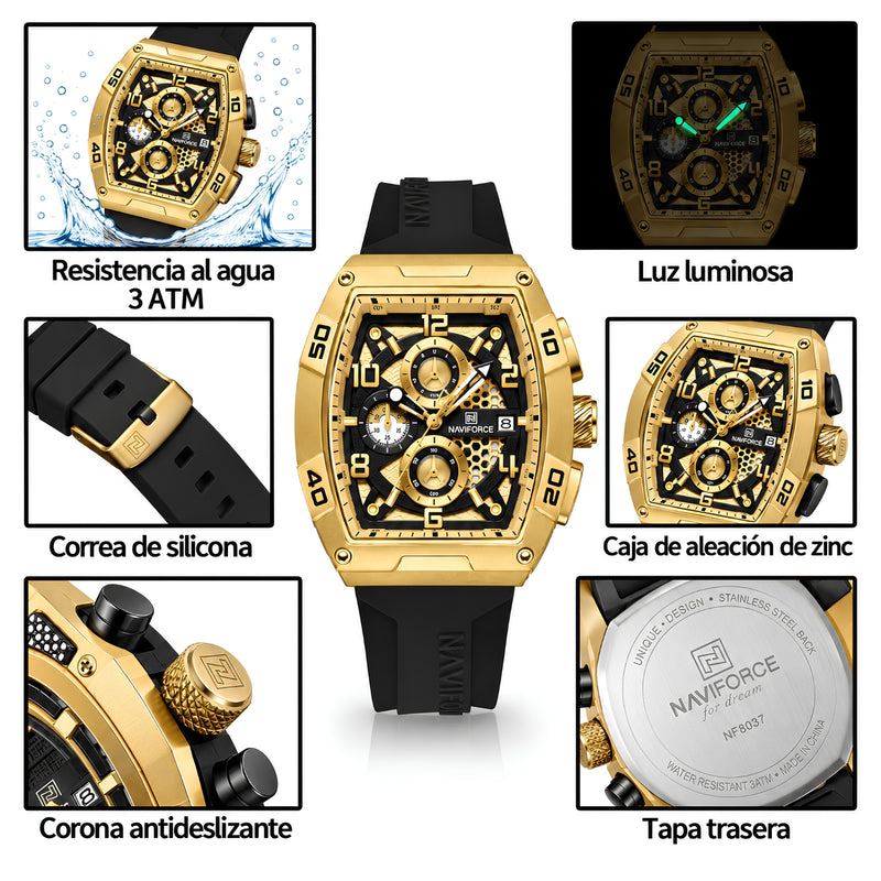 Naviforce Reloj Cronógrafo Dorado con Detalles Negros, Correa de Silicona, Diámetro de 44 mm, Cristal Mineral Endurecido y Resistencia al Agua 3 ATM.