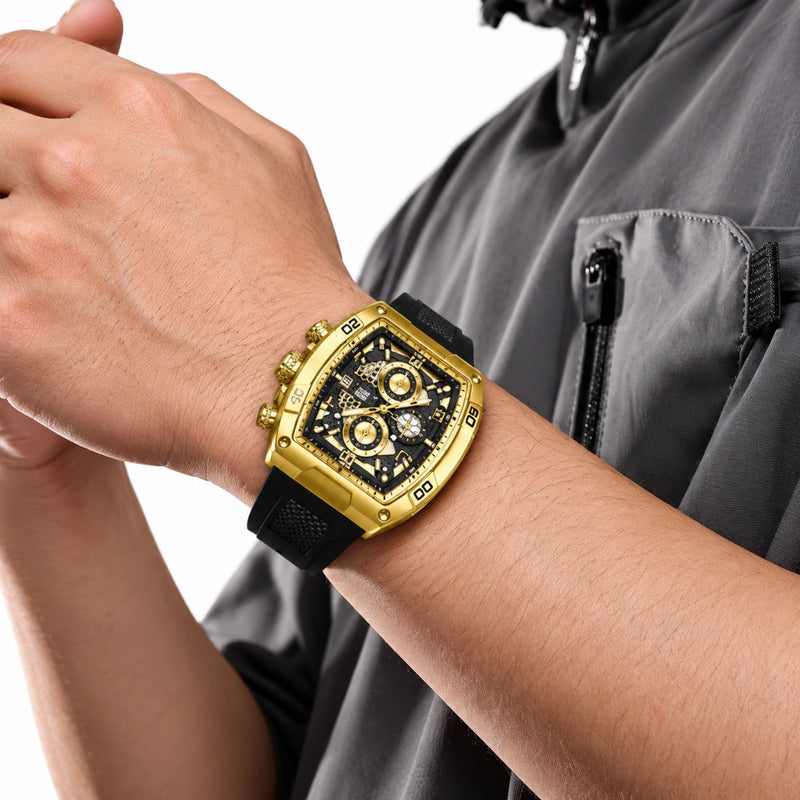 Naviforce Reloj Cronógrafo Dorado con Detalles Negros, Correa de Silicona, Diámetro de 44 mm, Cristal Mineral Endurecido y Resistencia al Agua 3 ATM.