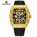 Naviforce Reloj Cronógrafo Dorado con Detalles Negros, Correa de Silicona, Diámetro de 44 mm, Cristal Mineral Endurecido y Resistencia al Agua 3 ATM.