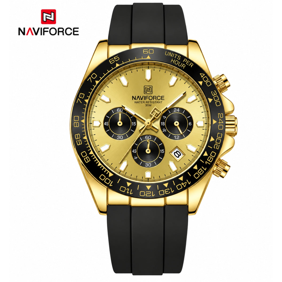 Naviforce Reloj Cronógrafo Negro con Detalles Dorados, Correa de Silicona, Diámetro de 42.5 mm, Cristal Mineral Endurecido y Resistencia al Agua 3 ATM.