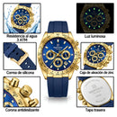 Naviforce Reloj Cronógrafo Azul con Detalles Dorados, Correa de Silicona, Diámetro de 42.5 mm, Cristal Mineral Endurecido y Resistencia al Agua 3 ATM.