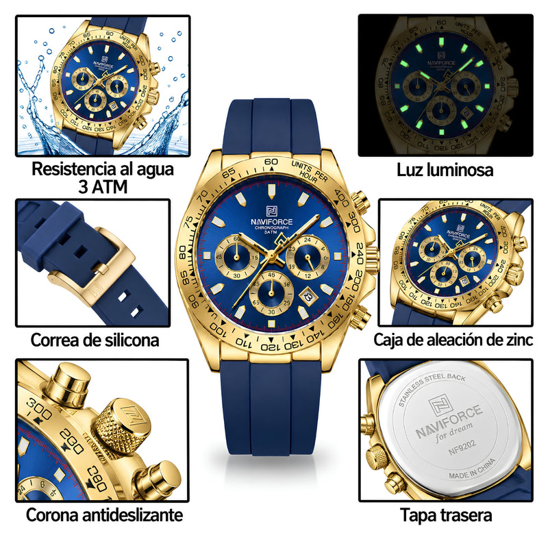 Naviforce Reloj Cronógrafo Azul con Detalles Dorados, Correa de Silicona, Diámetro de 42.5 mm, Cristal Mineral Endurecido y Resistencia al Agua 3 ATM.