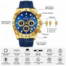 Naviforce Reloj Cronógrafo Azul con Detalles Dorados, Correa de Silicona, Diámetro de 42.5 mm, Cristal Mineral Endurecido y Resistencia al Agua 3 ATM.