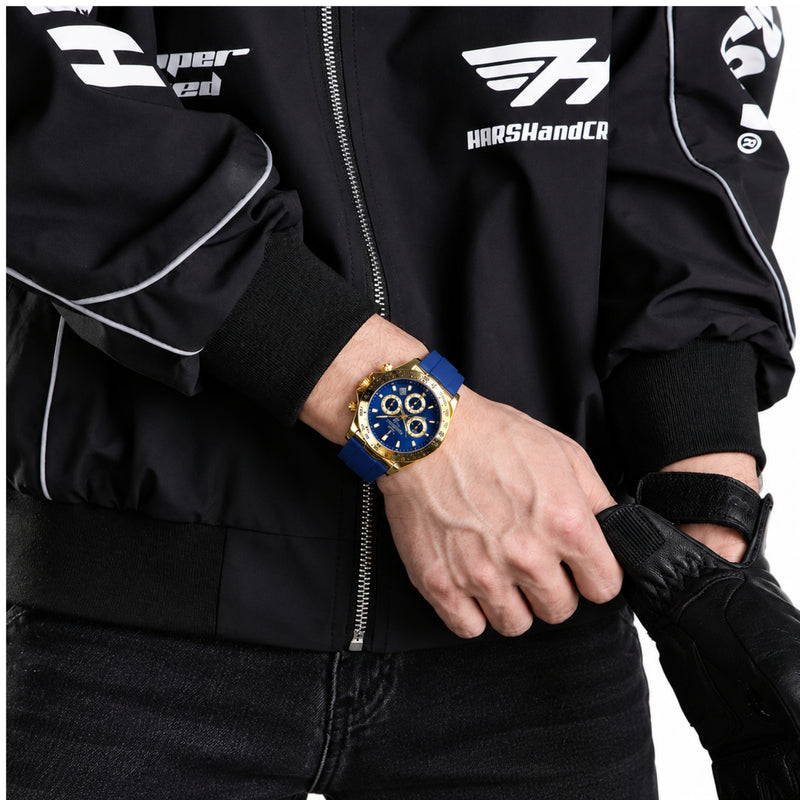 Naviforce Reloj Cronógrafo Azul con Detalles Dorados, Correa de Silicona, Diámetro de 42.5 mm, Cristal Mineral Endurecido y Resistencia al Agua 3 ATM.