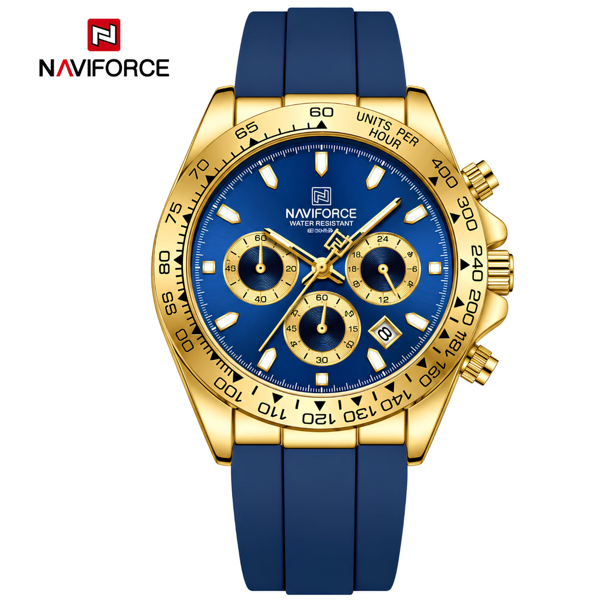 Naviforce Reloj Cronógrafo Azul con Detalles Dorados, Correa de Silicona, Diámetro de 42.5 mm, Cristal Mineral Endurecido y Resistencia al Agua 3 ATM.