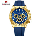 Naviforce Reloj Cronógrafo Azul con Detalles Dorados, Correa de Silicona, Diámetro de 42.5 mm, Cristal Mineral Endurecido y Resistencia al Agua 3 ATM.