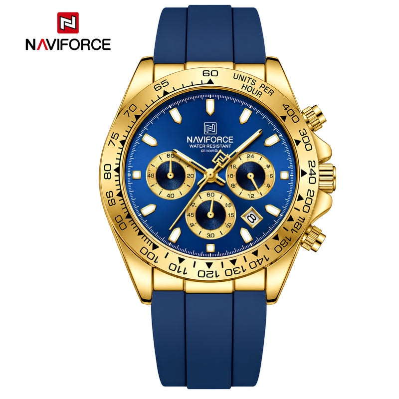 Naviforce Reloj Cronógrafo Azul con Detalles Dorados, Correa de Silicona, Diámetro de 42.5 mm, Cristal Mineral Endurecido y Resistencia al Agua 3 ATM.