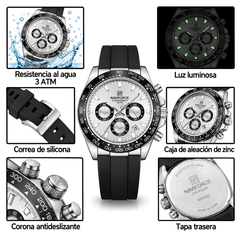 Naviforce Reloj Cronógrafo Blanco con Detalles Negros y Plateados, Correa de Silicona, Diámetro de 42.5 mm, Cristal Mineral Endurecido y Resistencia al Agua 3 ATM.
