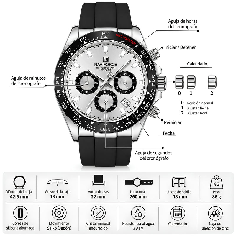 Naviforce Reloj Cronógrafo Blanco con Detalles Negros y Plateados, Correa de Silicona, Diámetro de 42.5 mm, Cristal Mineral Endurecido y Resistencia al Agua 3 ATM.