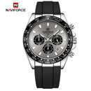 Naviforce Reloj Cronógrafo Blanco con Detalles Negros y Plateados, Correa de Silicona, Diámetro de 42.5 mm, Cristal Mineral Endurecido y Resistencia al Agua 3 ATM.