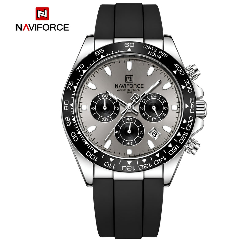 Naviforce Reloj Cronógrafo Blanco con Detalles Negros y Plateados, Correa de Silicona, Diámetro de 42.5 mm, Cristal Mineral Endurecido y Resistencia al Agua 3 ATM.