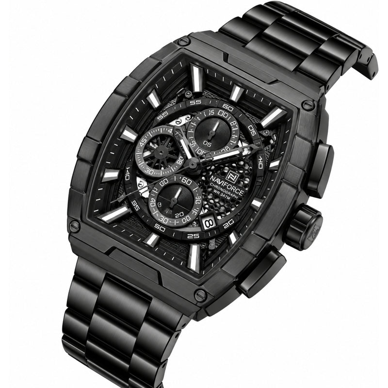 Naviforce Reloj Analógico Cronógrafo de Hombre con Esfera Rectangular Negra de 44 mm, Correa de Acero Inoxidable, Cristal Mineral Endurecido y Resistencia al Agua 3 ATM