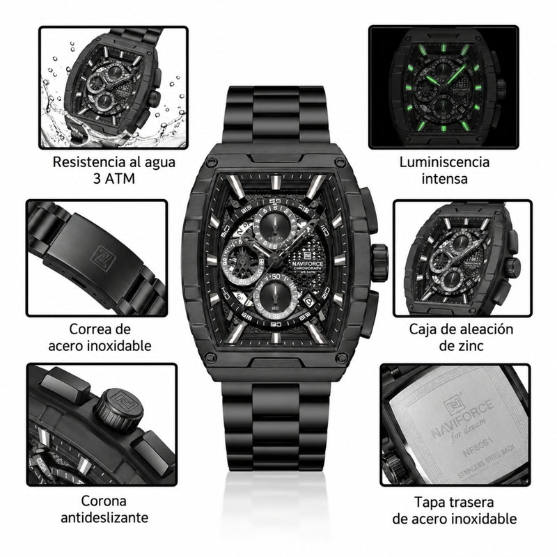 Naviforce Reloj Analógico Cronógrafo de Hombre con Esfera Rectangular Negra de 44 mm, Correa de Acero Inoxidable, Cristal Mineral Endurecido y Resistencia al Agua 3 ATM