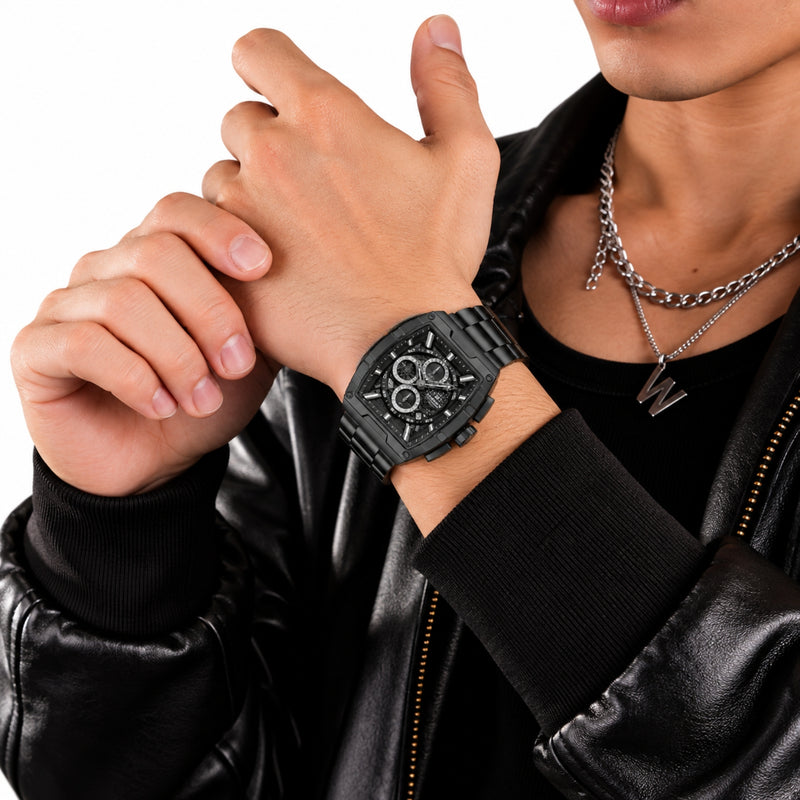 Naviforce Reloj Analógico Cronógrafo de Hombre con Esfera Rectangular Negra de 44 mm, Correa de Acero Inoxidable, Cristal Mineral Endurecido y Resistencia al Agua 3 ATM
