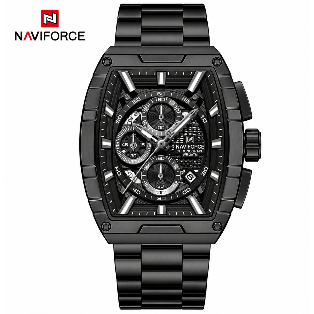 Naviforce Reloj Analógico Cronógrafo de Hombre con Esfera Rectangular Negra de 44 mm, Correa de Acero Inoxidable, Cristal Mineral Endurecido y Resistencia al Agua 3 ATM