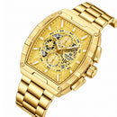 Naviforce Reloj Analógico Cronógrafo de Hombre con Esfera Rectangular Dorada de 44 mm, Correa de Acero Inoxidable, Cristal Mineral Endurecido y Resistencia al Agua 3 ATM