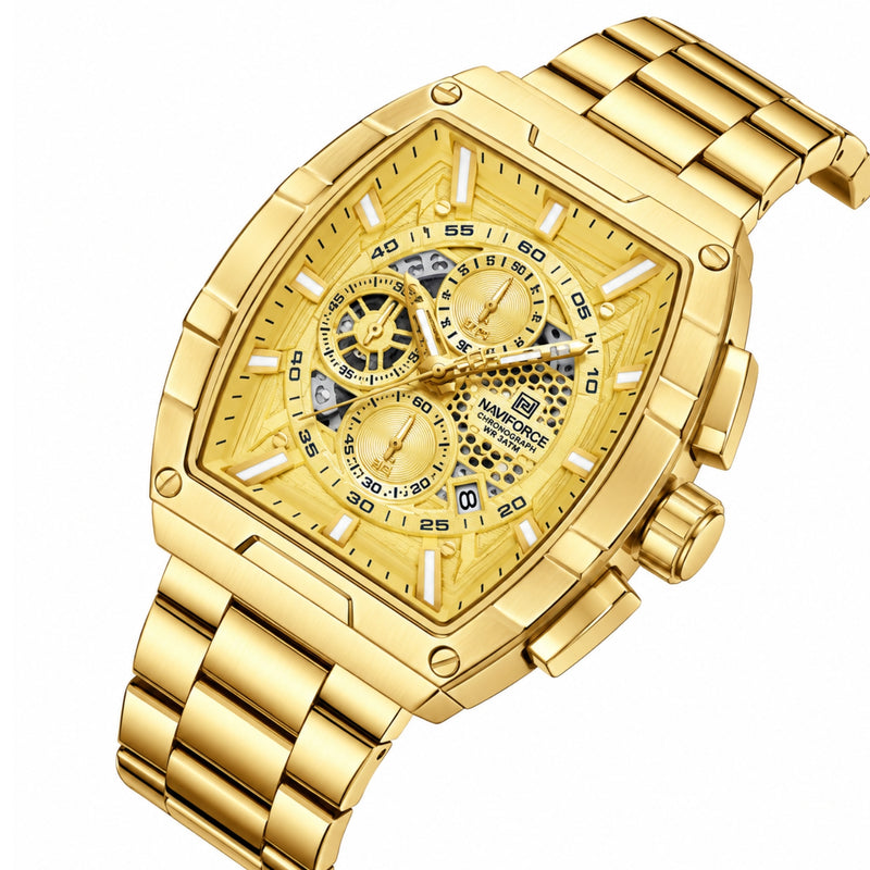 Naviforce Reloj Analógico Cronógrafo de Hombre con Esfera Rectangular Dorada de 44 mm, Correa de Acero Inoxidable, Cristal Mineral Endurecido y Resistencia al Agua 3 ATM