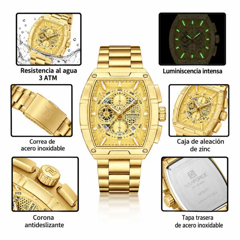 Naviforce Reloj Analógico Cronógrafo de Hombre con Esfera Rectangular Dorada de 44 mm, Correa de Acero Inoxidable, Cristal Mineral Endurecido y Resistencia al Agua 3 ATM