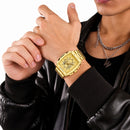 Naviforce Reloj Analógico Cronógrafo de Hombre con Esfera Rectangular Dorada de 44 mm, Correa de Acero Inoxidable, Cristal Mineral Endurecido y Resistencia al Agua 3 ATM