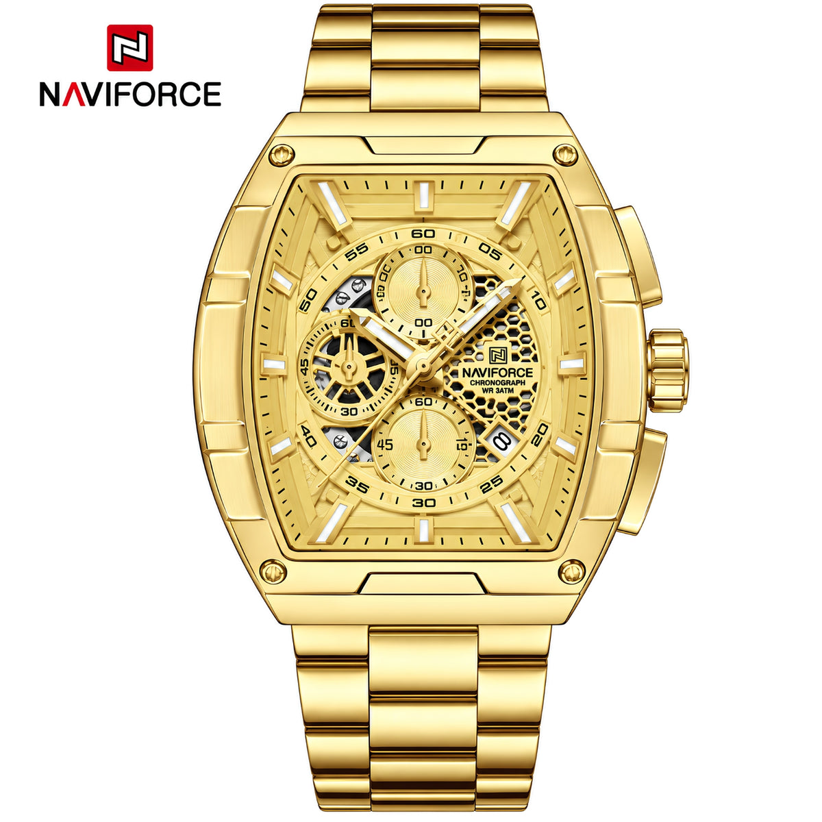 Naviforce Reloj Analógico Cronógrafo de Hombre con Esfera Rectangular Dorada de 44 mm, Correa de Acero Inoxidable, Cristal Mineral Endurecido y Resistencia al Agua 3 ATM