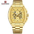 Naviforce Reloj Analógico Cronógrafo de Hombre con Esfera Rectangular Dorada de 44 mm, Correa de Acero Inoxidable, Cristal Mineral Endurecido y Resistencia al Agua 3 ATM
