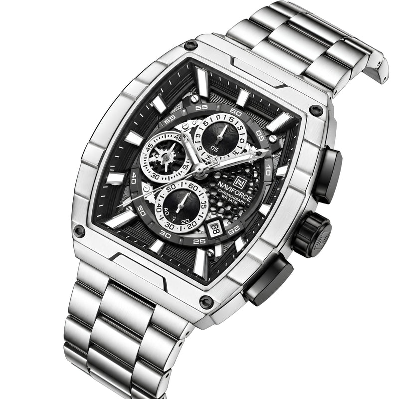 Naviforce Reloj Analógico Cronógrafo de Hombre con Esfera Rectangular Verde Ø44 mm, Correa de Acero Inoxidable, Cristal Mineral Endurecido y Resistencia al Agua 3 ATM