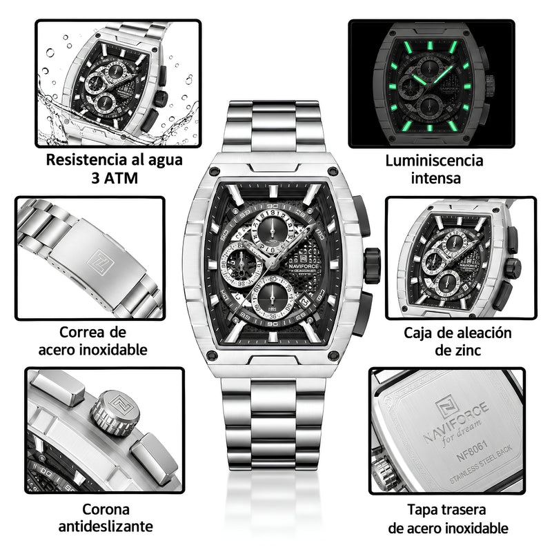 Naviforce Reloj Analógico Cronógrafo de Hombre con Esfera Rectangular Verde Ø44 mm, Correa de Acero Inoxidable, Cristal Mineral Endurecido y Resistencia al Agua 3 ATM