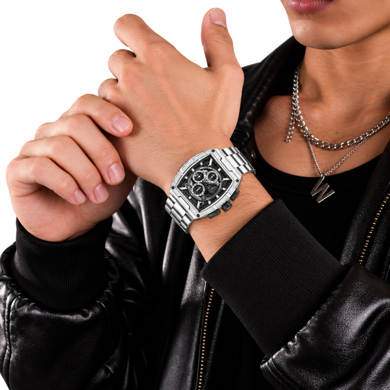 Naviforce Reloj Analógico Cronógrafo de Hombre con Esfera Rectangular Verde Ø44 mm, Correa de Acero Inoxidable, Cristal Mineral Endurecido y Resistencia al Agua 3 ATM
