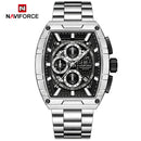 Naviforce Reloj Analógico Cronógrafo de Hombre con Esfera Rectangular Verde Ø44 mm, Correa de Acero Inoxidable, Cristal Mineral Endurecido y Resistencia al Agua 3 ATM