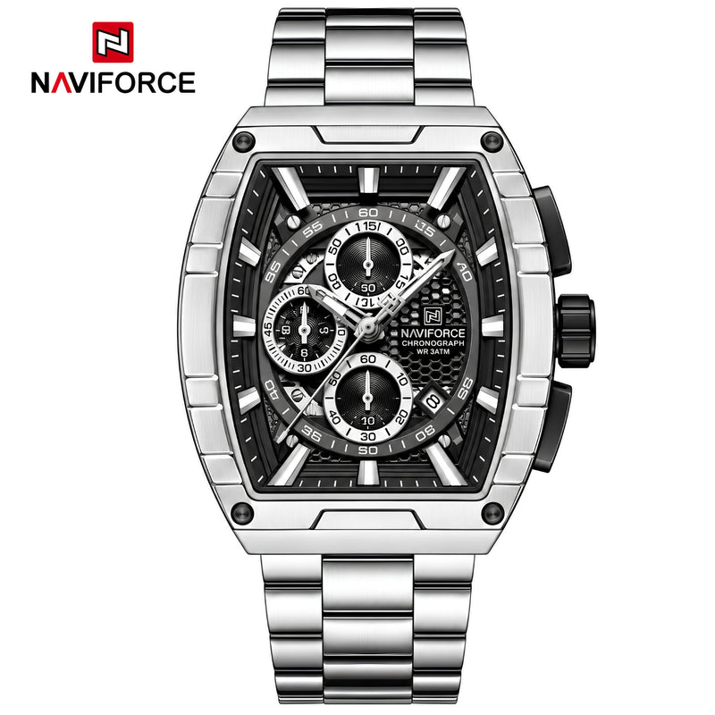 Naviforce Reloj Analógico Cronógrafo de Hombre con Esfera Rectangular Verde Ø44 mm, Correa de Acero Inoxidable, Cristal Mineral Endurecido y Resistencia al Agua 3 ATM