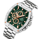 Naviforce Reloj Analógico Cronógrafo de Hombre con Esfera Rectangular Verde Ø44 mm, Correa de Acero Inoxidable, Cristal Mineral Endurecido y Resistencia al Agua 3 ATM