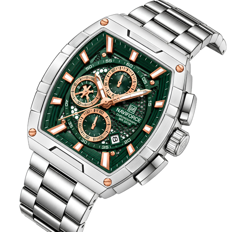 Naviforce Reloj Analógico Cronógrafo de Hombre con Esfera Rectangular Verde Ø44 mm, Correa de Acero Inoxidable, Cristal Mineral Endurecido y Resistencia al Agua 3 ATM