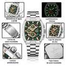 Naviforce Reloj Analógico Cronógrafo de Hombre con Esfera Rectangular Verde Ø44 mm, Correa de Acero Inoxidable, Cristal Mineral Endurecido y Resistencia al Agua 3 ATM