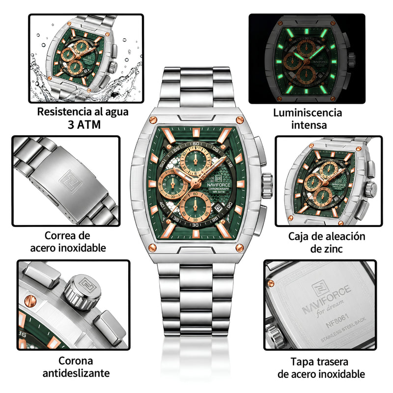 Naviforce Reloj Analógico Cronógrafo de Hombre con Esfera Rectangular Verde Ø44 mm, Correa de Acero Inoxidable, Cristal Mineral Endurecido y Resistencia al Agua 3 ATM