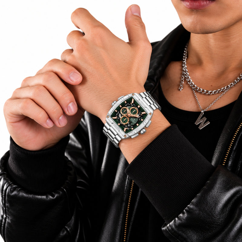 Naviforce Reloj Analógico Cronógrafo de Hombre con Esfera Rectangular Verde Ø44 mm, Correa de Acero Inoxidable, Cristal Mineral Endurecido y Resistencia al Agua 3 ATM