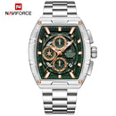 Naviforce Reloj Analógico Cronógrafo de Hombre con Esfera Rectangular Verde Ø44 mm, Correa de Acero Inoxidable, Cristal Mineral Endurecido y Resistencia al Agua 3 ATM