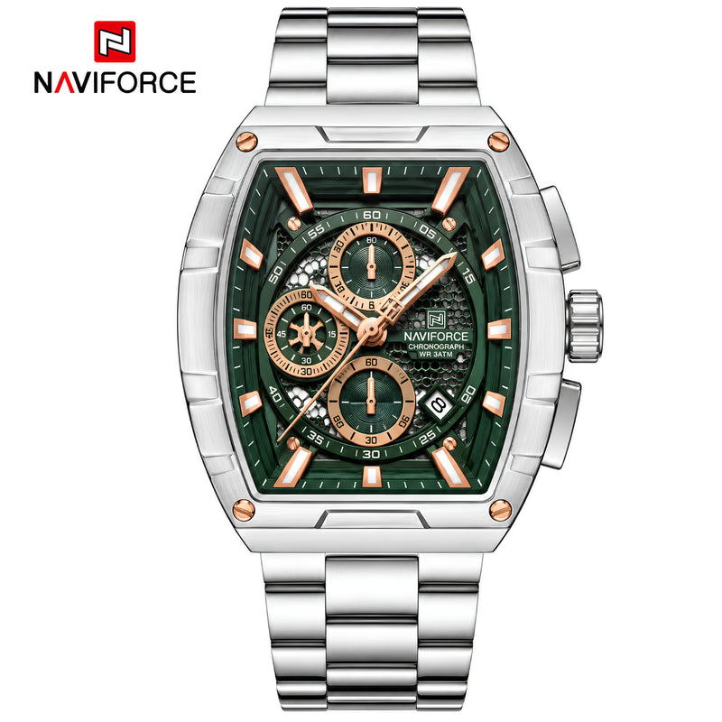 Naviforce Reloj Analógico Cronógrafo de Hombre con Esfera Rectangular Verde Ø44 mm, Correa de Acero Inoxidable, Cristal Mineral Endurecido y Resistencia al Agua 3 ATM